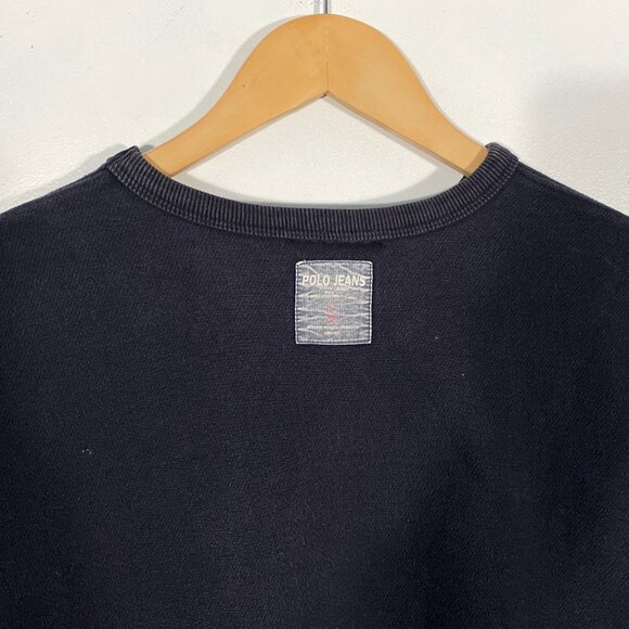 Vintage Polo Jeans Co. Felt Spellout Pullover Crewneck Sweatshirt Navy mens L - Picture 7 of 8